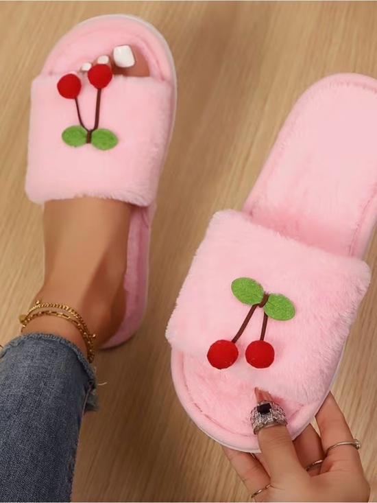 Shoes - Cozy Pink Cherry Plush Slide Slippers - Women’s Size 7.5-8